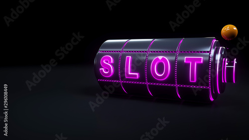 Casino Slot Machine Gambling Concept With Neon Purple Lights - 3D Illustration