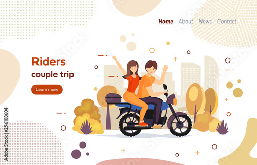 Riders couple trip on motorbike website landing page