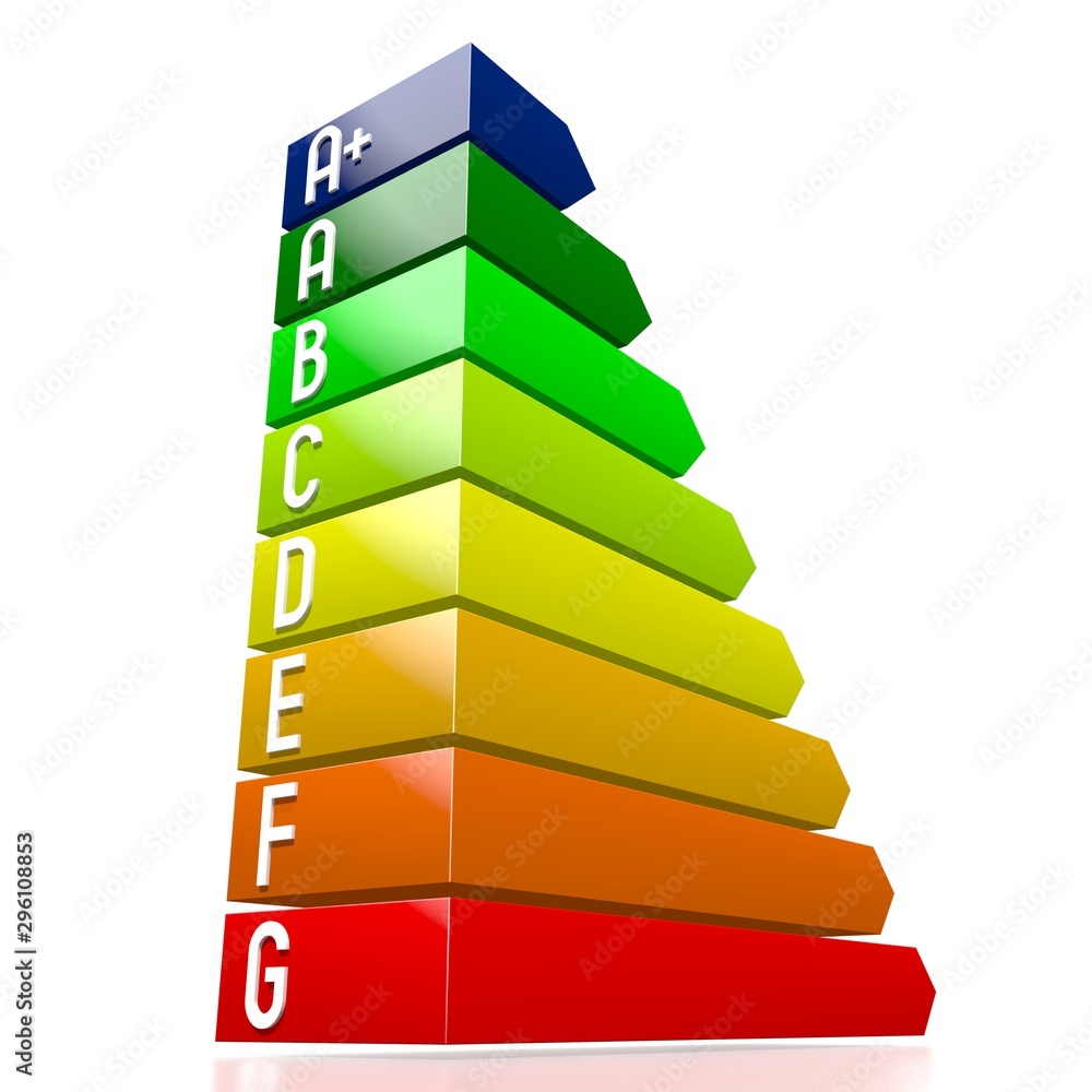 3D energy efficiency chart - power/ electricity saving concept - A+, A, B, C, D, E, F, G