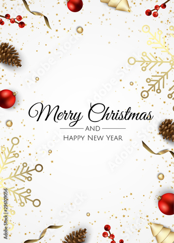 Merry Christmas and Happy New Year. Festive background composition top view. Decoration gift box, christmas balls, decorative snowflake.