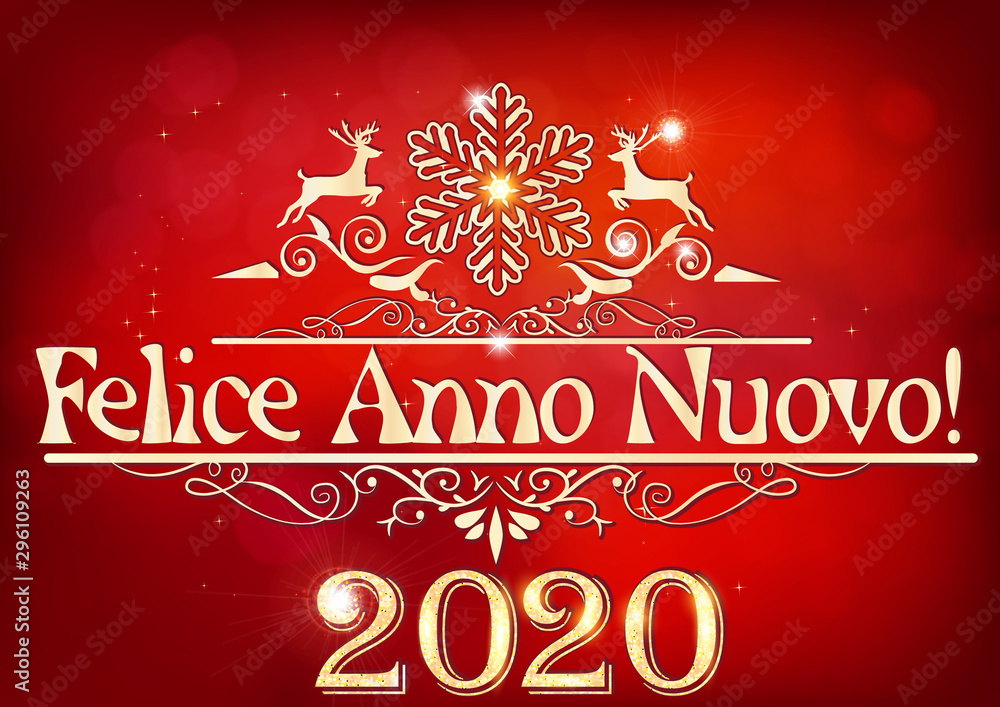 Happy New Year 2020! written in Italian. Greeting card for print, with an elegant classic design- shiny golden text and decorative elements on a light red background.