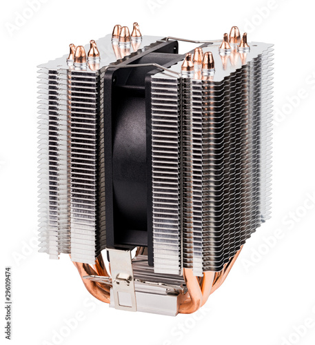 chinese noname tower-type cpu cooler with six copper heatpipes isolated on white background - side view photo