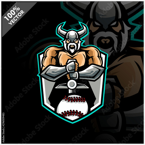 Vector sport logo, Viking illustration and baseball on shield background. Logo for sport club or team. Vector illustration	