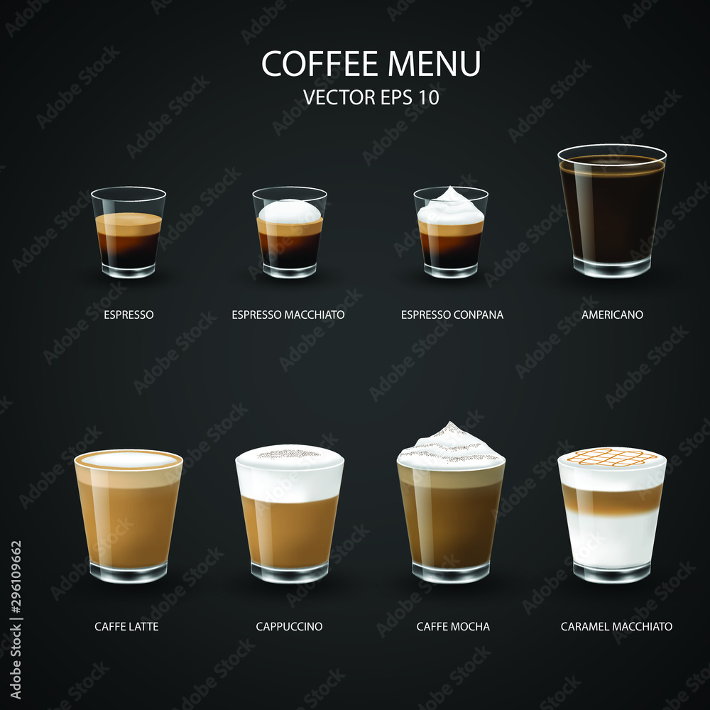 set of coffee cups, espresso glass, coffee latte, cappuccino