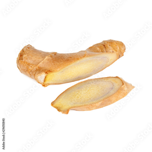 ginger root  with a blue vein and a sliced slice isolated on a white background