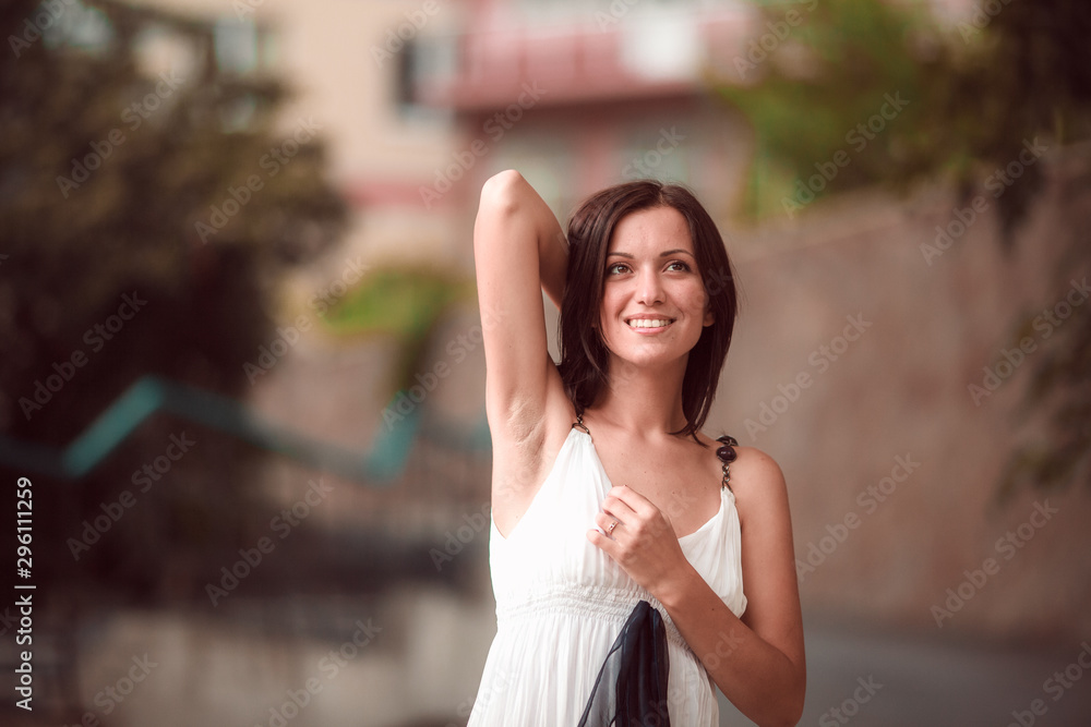 Young woman tourist posing on photo portrait