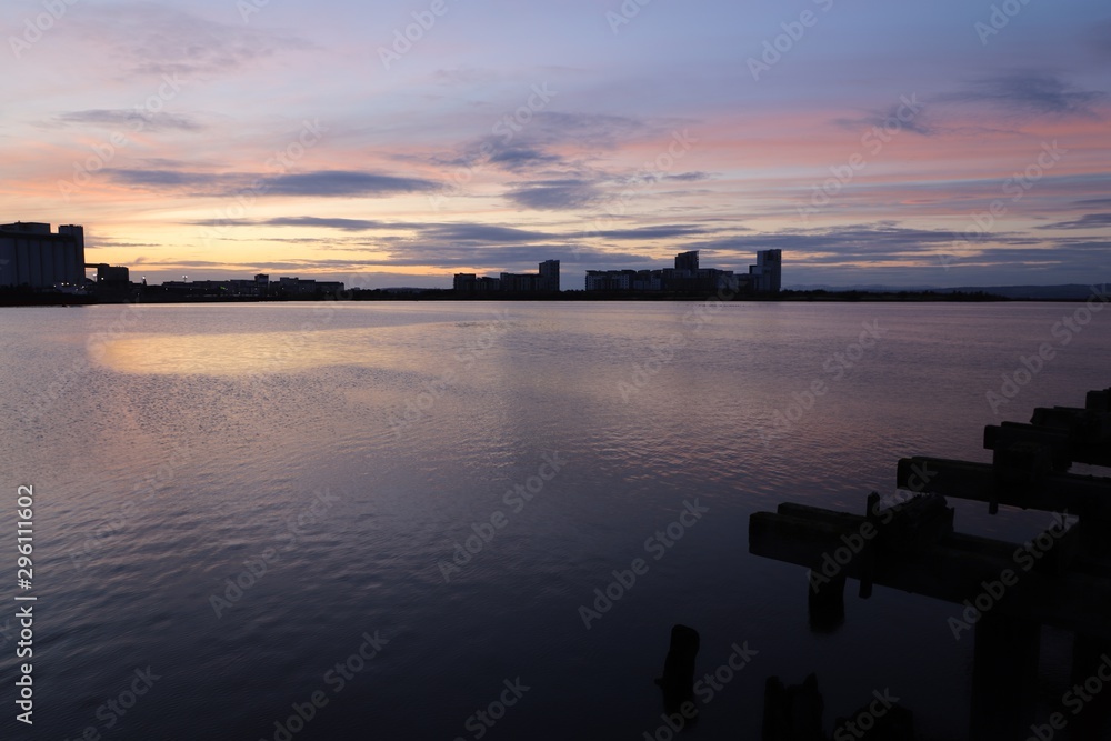 Silhouette of Newhaven skyline in Edinburgh at sunset