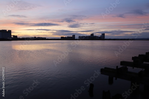 Silhouette of Newhaven skyline in Edinburgh at sunset