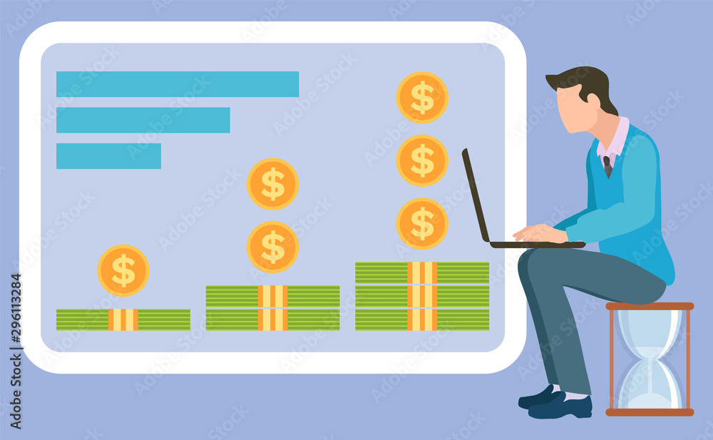 Financial activities board, stacks of money and dollar coins, man sitting on hourglass and typing on computer. Vector business education concept, time to study Financial activities board, stacks of money and dollar coins, man sitting on hourglass and typing on computer. Vector business education concept, time to study