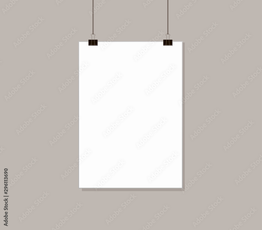White poster mock up hanging on rope with paper clips near grey wall. Blank Canvas Mockup design template. White poster mock up hanging on rope with paper clips near grey wall. Blank Canvas Mockup design template.