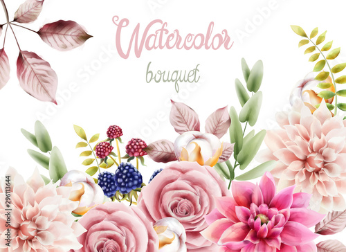 Watercolor flowers and leaves bouquet background vector. Wedding greeting cards