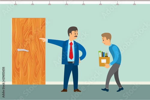 Dismissal of worker vector poster. Boss chuck out clerk employee with box full of personal things pointing by hand on door, office interior design