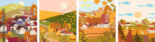 Set of cartoon flat autumn season village and town