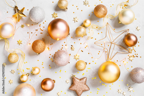 Christmas festive pattern with golden christmas decoranion and lights