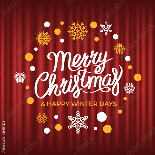 Merry Christmas discounts for holidays in winter vector, red curtain background with snowflakes and inscription. Store and shops offer for client