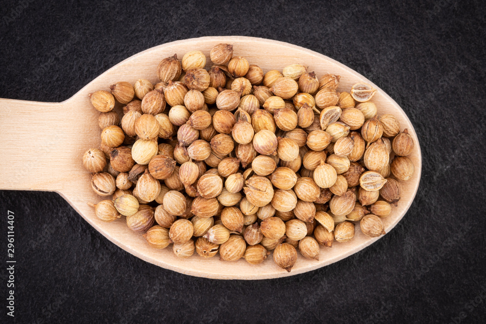 coriander spices in spoon on dark background. Top view coriander spices in spoon on dark background. Top view