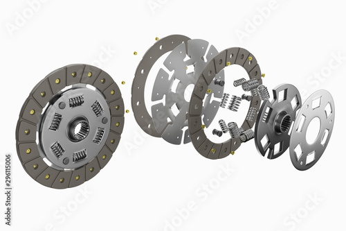 Spare parts for car and truck clutch disk. Transmission auto parts. 3d rendering