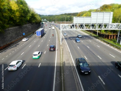 Tilt shift photo of the M25 London Orbital Motorway near Junction 17 in Hertfordshire, UK