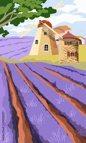 Lavender field with old mill and green tree