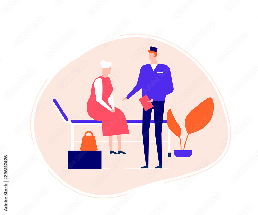 Fototapeta premium Old lady visiting medical clinic flat vector illustration