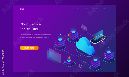 Website 3d Isometric Landing page of People interacting with cloud computing services analyzing statistics. Data visualization concept illustration