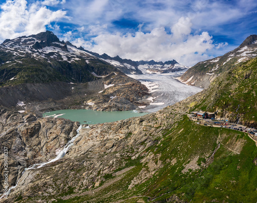 Aerial view of the melting Rhone glacier and the glacial lake in the Swiss Alps