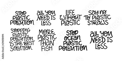Stop plastic pollution handwritten black vector lettering set