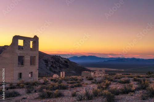 Sunrise above abandoned building in Rhyolite, Nevada