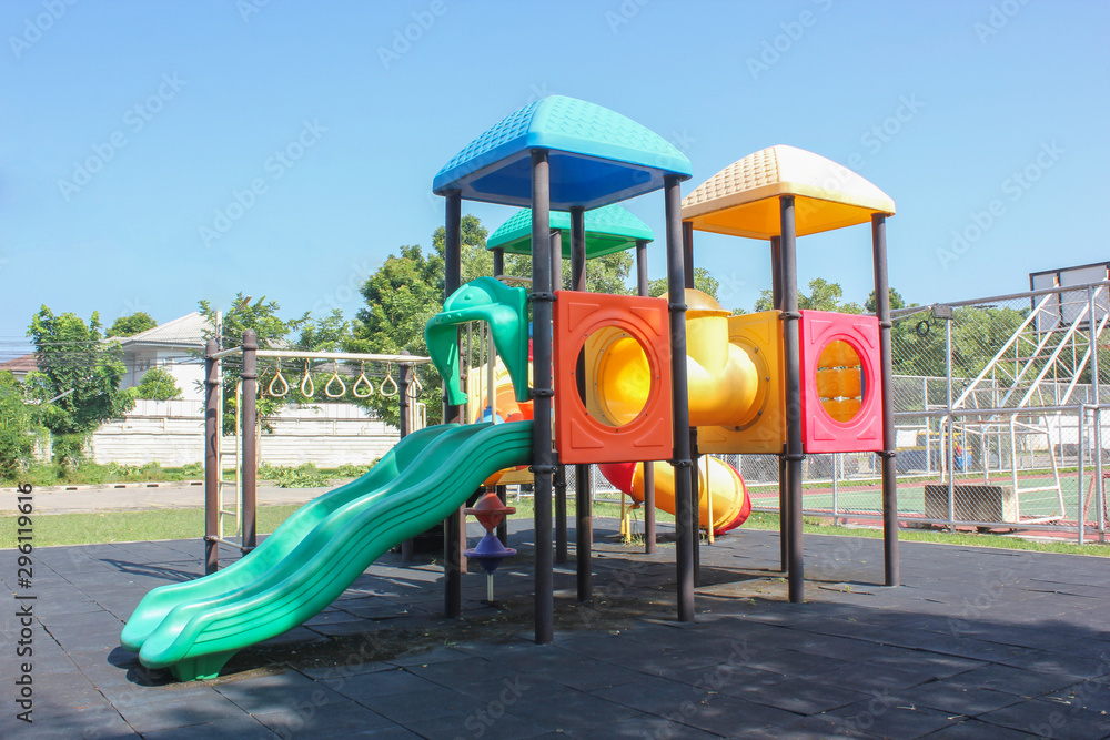 Colorful playground on yard in the park, Playground for children in the yard.out door colorful playground for kids