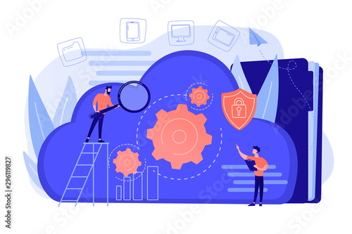Two developers looking at the gears on the cloud. Digital data storage, database securiry, data protection, cloud technology concept. Vector illustration isolated on white background.
