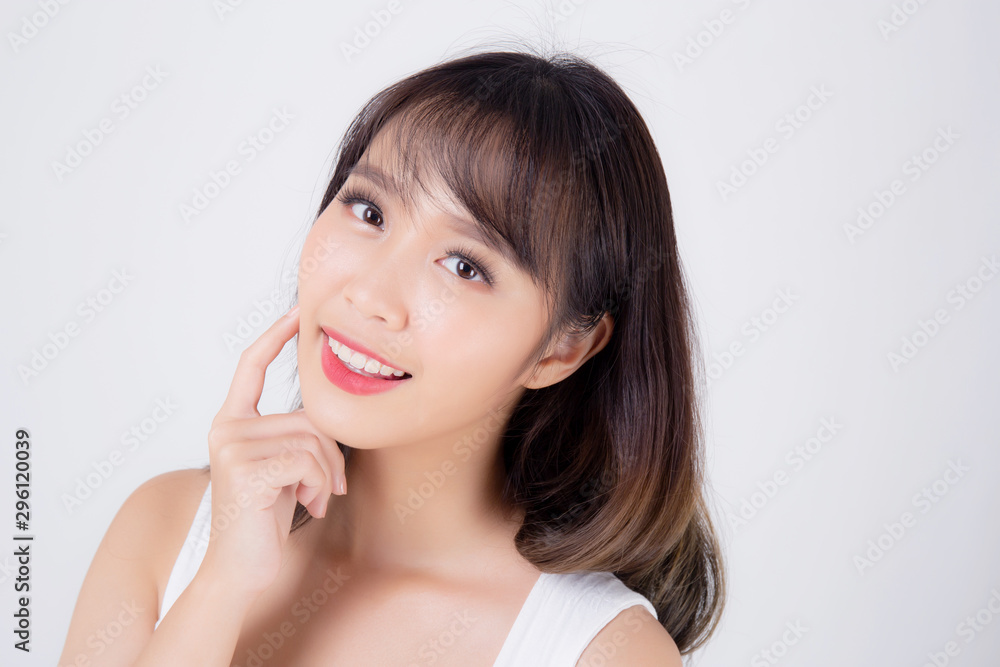 Beautiful woman asian makeup of cosmetic, beauty asia girl hand touch cheek and smile attractive, face of beauty perfect with wellness isolated on white background with skin healthcare concept. Beautiful woman asian makeup of cosmetic, beauty asia girl hand touch cheek and smile attractive, face of beauty perfect with wellness isolated on white background with skin healthcare concept.