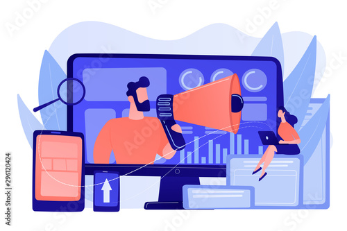 Marketing strategists and content specialist with megaphone and digital devices. Digital marketing team, marketing team strategy concept. Pinkish coral bluevector isolated illustration