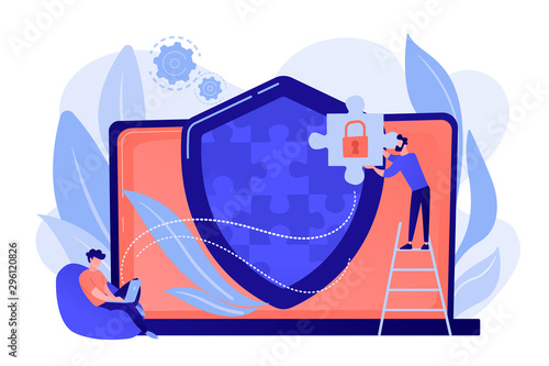 Programmer with jigsaw shield system monitoring network traffic. Firewall, network security system and network firewall concept on white background. Pinkish coral bluevector isolated illustration