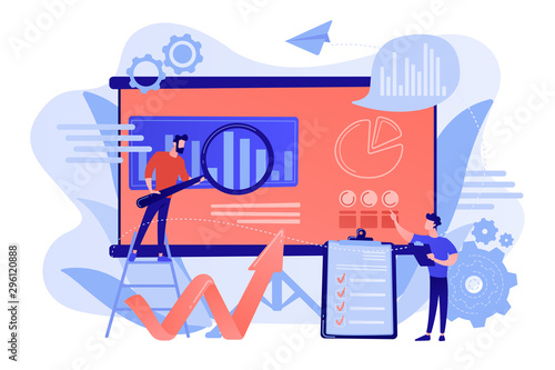 Workgroup admit and identify, measure and prioritize, implement a strategy. Risk management team, risk management training and objective concept. Pinkish coral bluevector isolated illustration