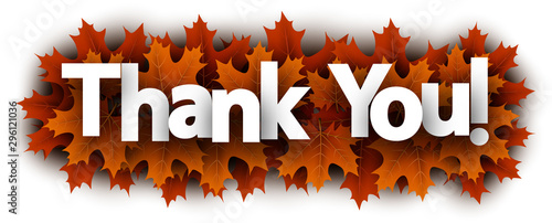 Autumn thank you sign with orange maple leaves.