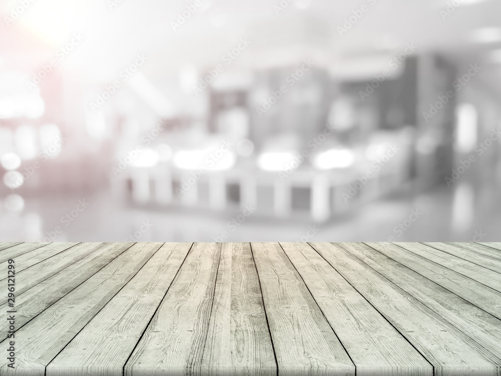 Empty wooden board space platform with register counter blurry background Empty wooden board space platform with register counter blurry background