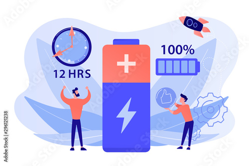 Users and battery performance and longevity with charge indicator and time. Battery runtime, extend runtime technology, long battery life concept. Pinkish coral bluevector isolated illustration