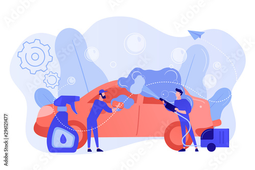 Auto wash attendants cleaning the exterior of the vehicle with special equipment. Car wash service, automatic carwash, self-serve car wash concept. Pinkish coral bluevector isolated illustration