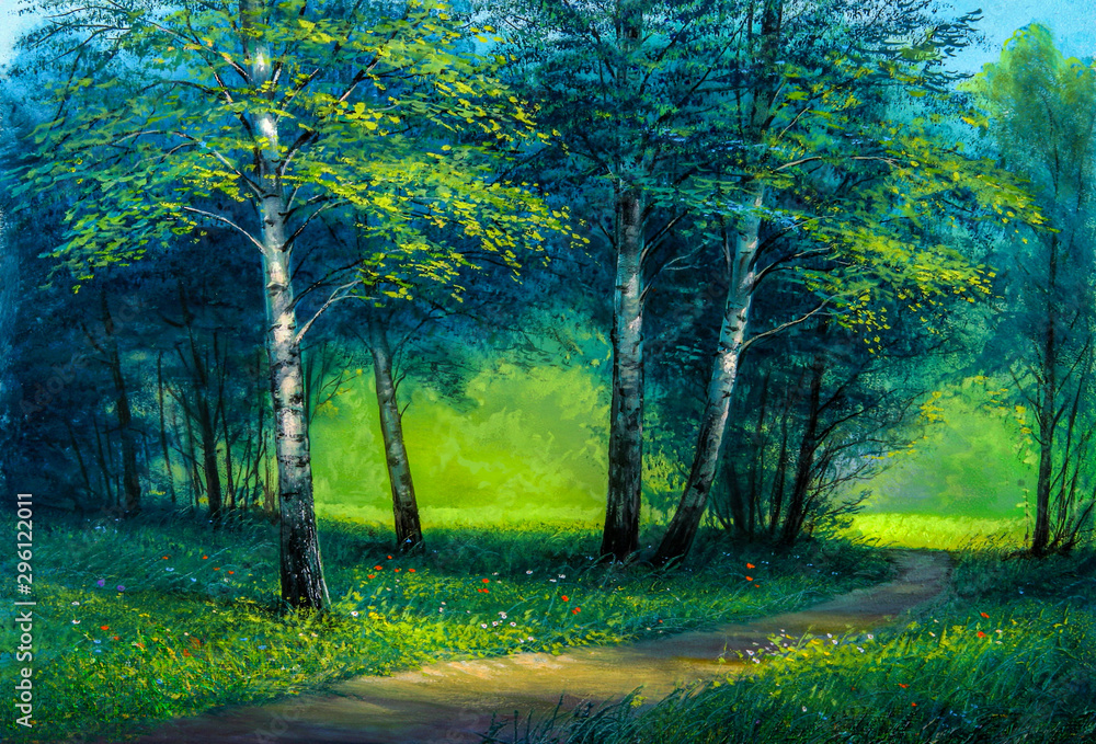 Oil painting landscape. Morning landscape with trees.