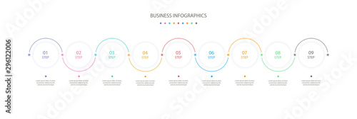 Circles infographics design template with 9 options or steps. Infographics for business concept, process diagram, presentation, workflow layout. Vector linear infographic element. Vector eps 10