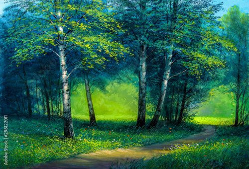 Fototapeta Naklejka Na Ścianę i Meble -  Oil painting landscape. Morning landscape with trees.
