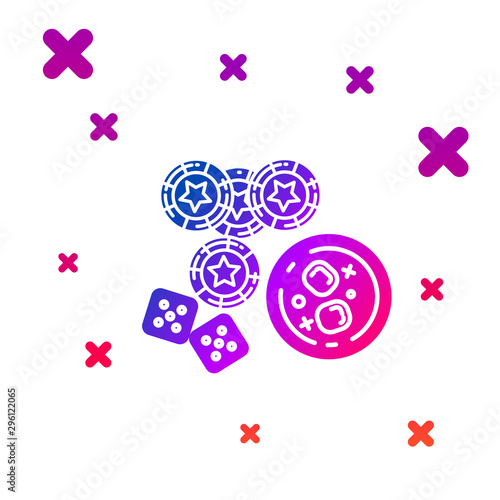 Color Casino chips, game dice and glass of whiskey with ice cubes icon isolated on white background. Casino poker. Gradient random dynamic shapes. Vector Illustration