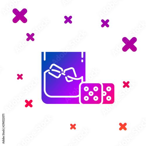 Color Game dice and glass of whiskey with ice cubes icon isolated on white background. Casino gambling. Gradient random dynamic shapes. Vector Illustration