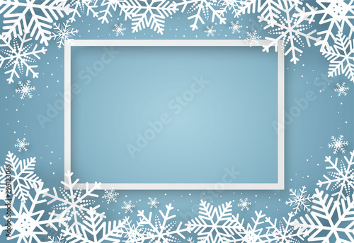 Christmas and happy new year blue vector background with snowflake, celebration concept, paper art design