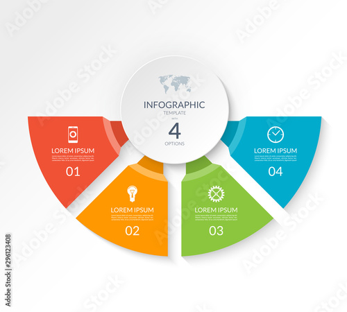 Infographic semicircle template with 4 options. Can be used as a chart, workflow layout, diagram, data visualization, minimalistic web banner.