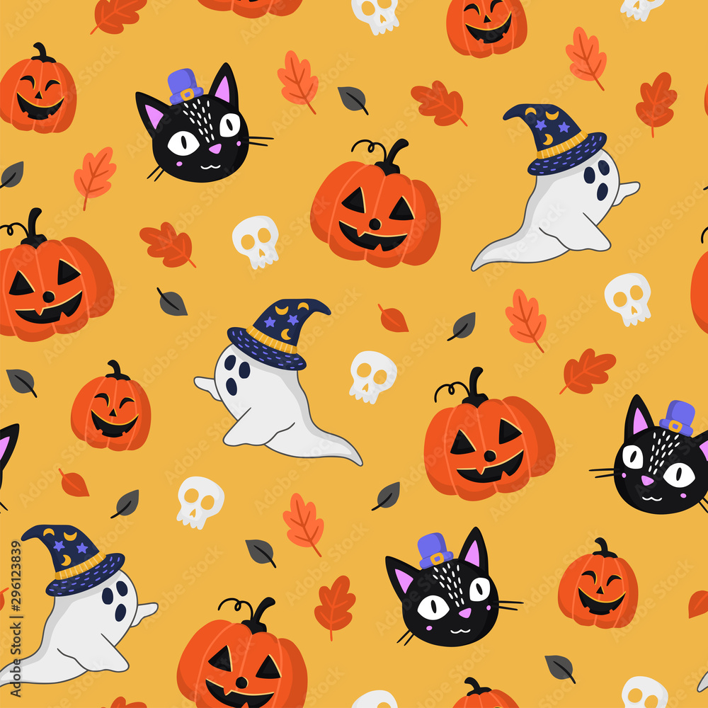 Halloween seamless pattern with cute ghosts, pumpkins and black cats on yellow background. Halloween seamless pattern with cute ghosts, pumpkins and black cats on yellow background.