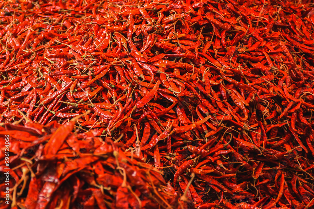 Fototapeta premium Group of dry red chili heap for sale in market.