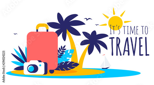Vector tropical summer travel illustration with suitcase on island in the sea, palm tree, photo camera and text on white color background.