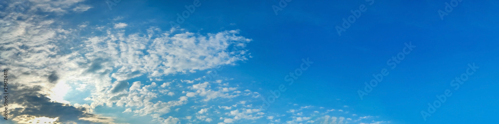 Fototapeta premium Panorama sky with cloud on a sunny day. Beautiful cirrus cloud. Panoramic image.