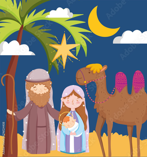 joseph mary carring baby and camel desert moon star nativity
